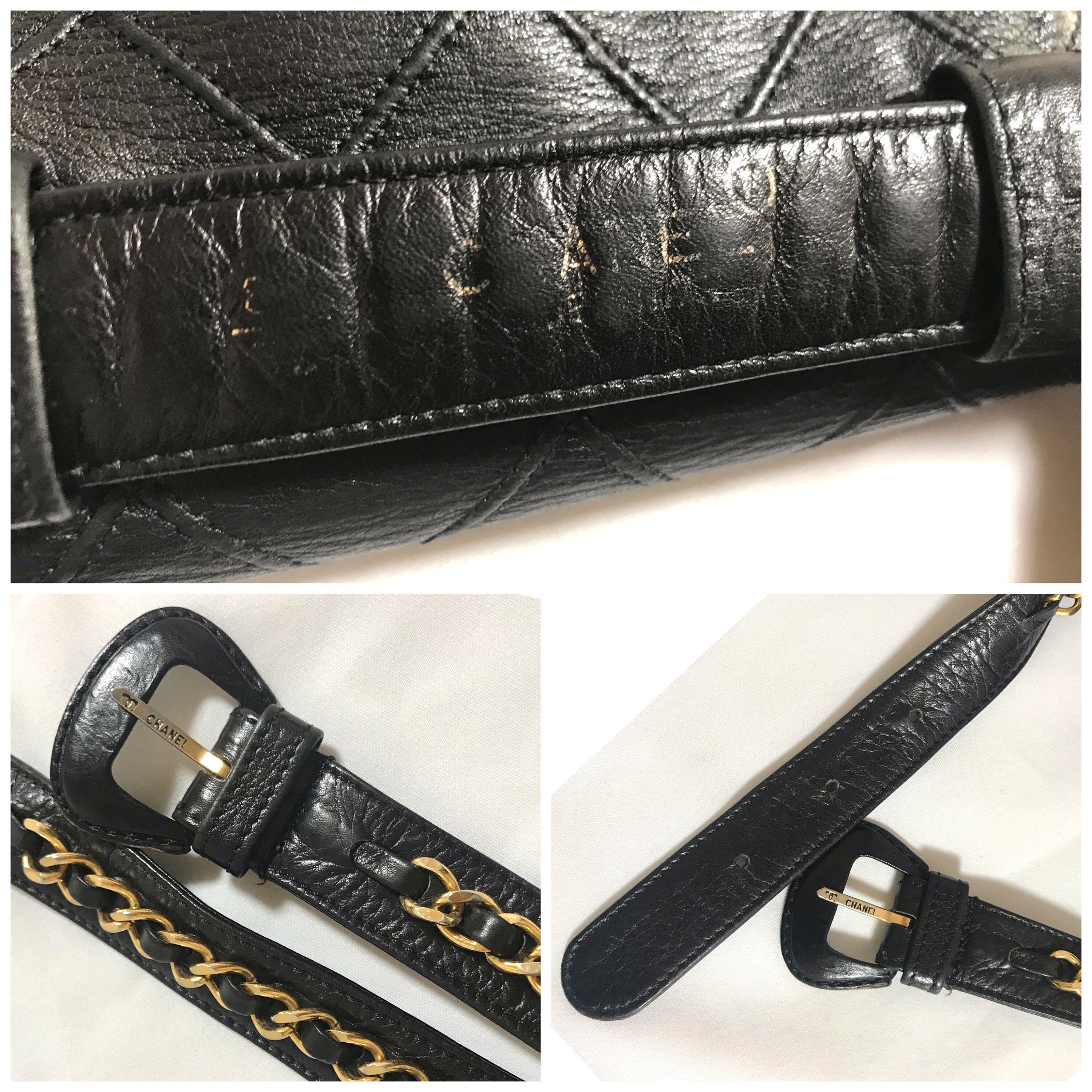 【CHANEL】vintage v shape cowhide belt bag★V シェイプ 牛革 Vintage CHANEL Black Leather Waist Purse, Fanny Pack With