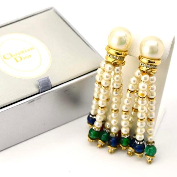Vintage Christian Dior Faux Pearl Dangle Earrings With Pink, Blue