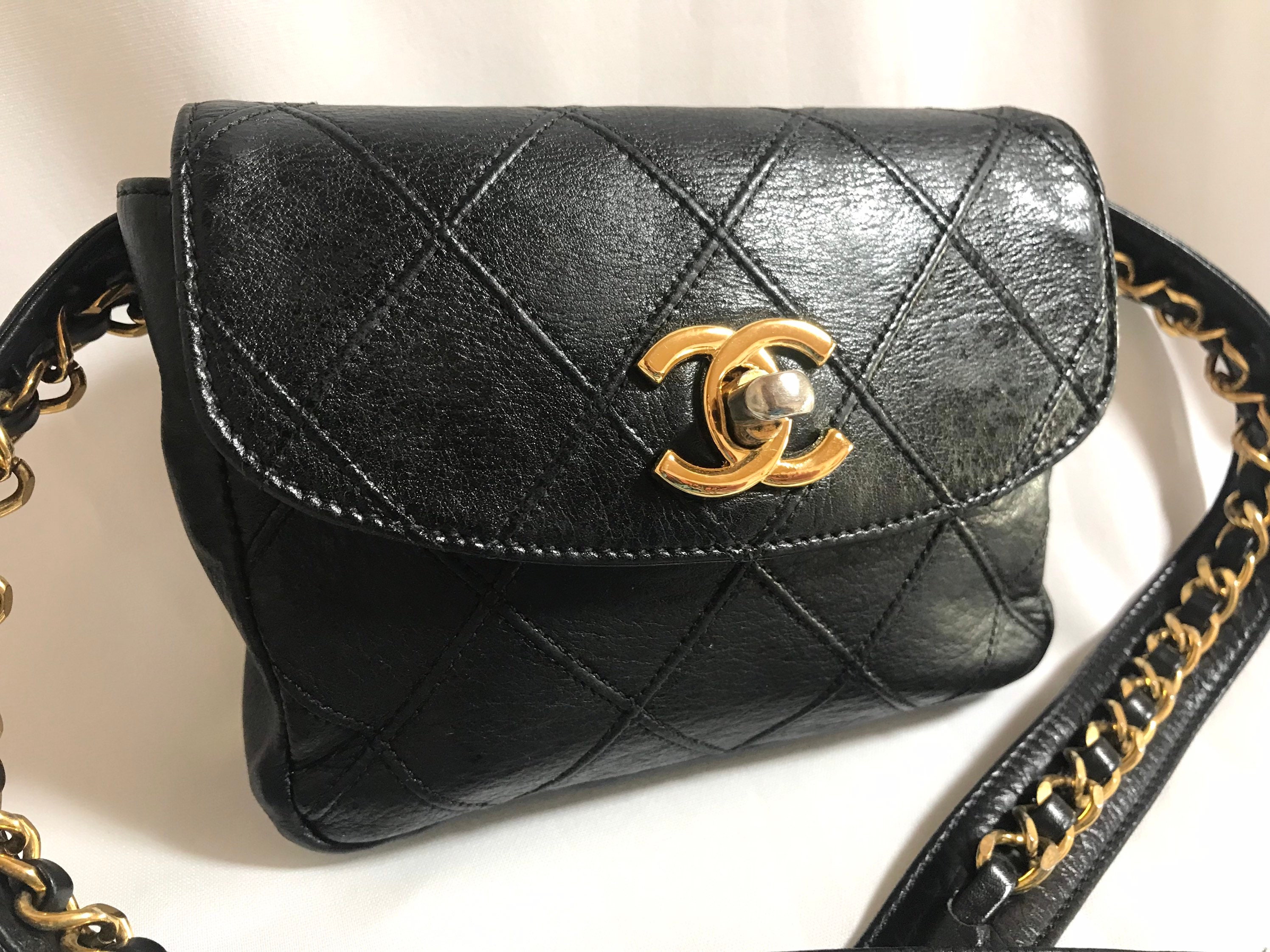 Vintage CHANEL Black Leather Waist Purse, Fanny Pack With Vintage CHANEL Black Leather Waist Purse, Fanny Pack With