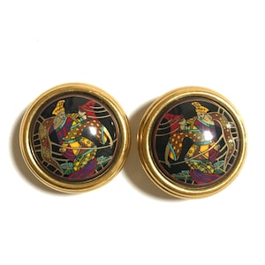 Vintage Hermes round shape cloisonne enamel golden earrings with black, yellow, and red dancing couple design. Great gift idea. 060926re6