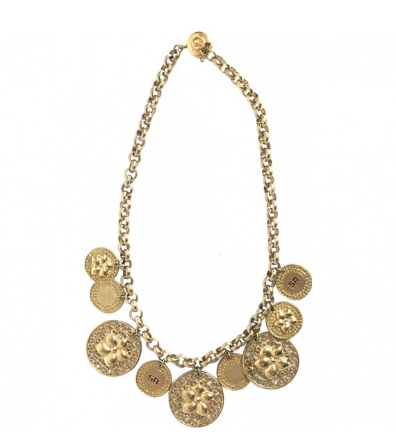 Gorgeous runway masterpiece jewelry. Vintage Sonia Rykiel Bijoux rare golden flower charm art statement necklace and dangling earring set