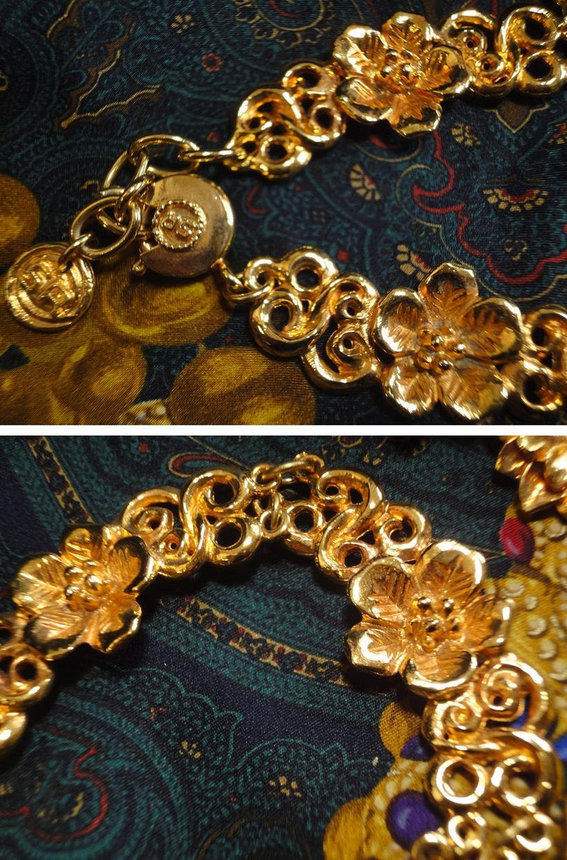 Gorgeous runway masterpiece jewelry. Vintage Sonia Rykiel Bijoux rare golden flower charm art statement necklace and dangling earring set
