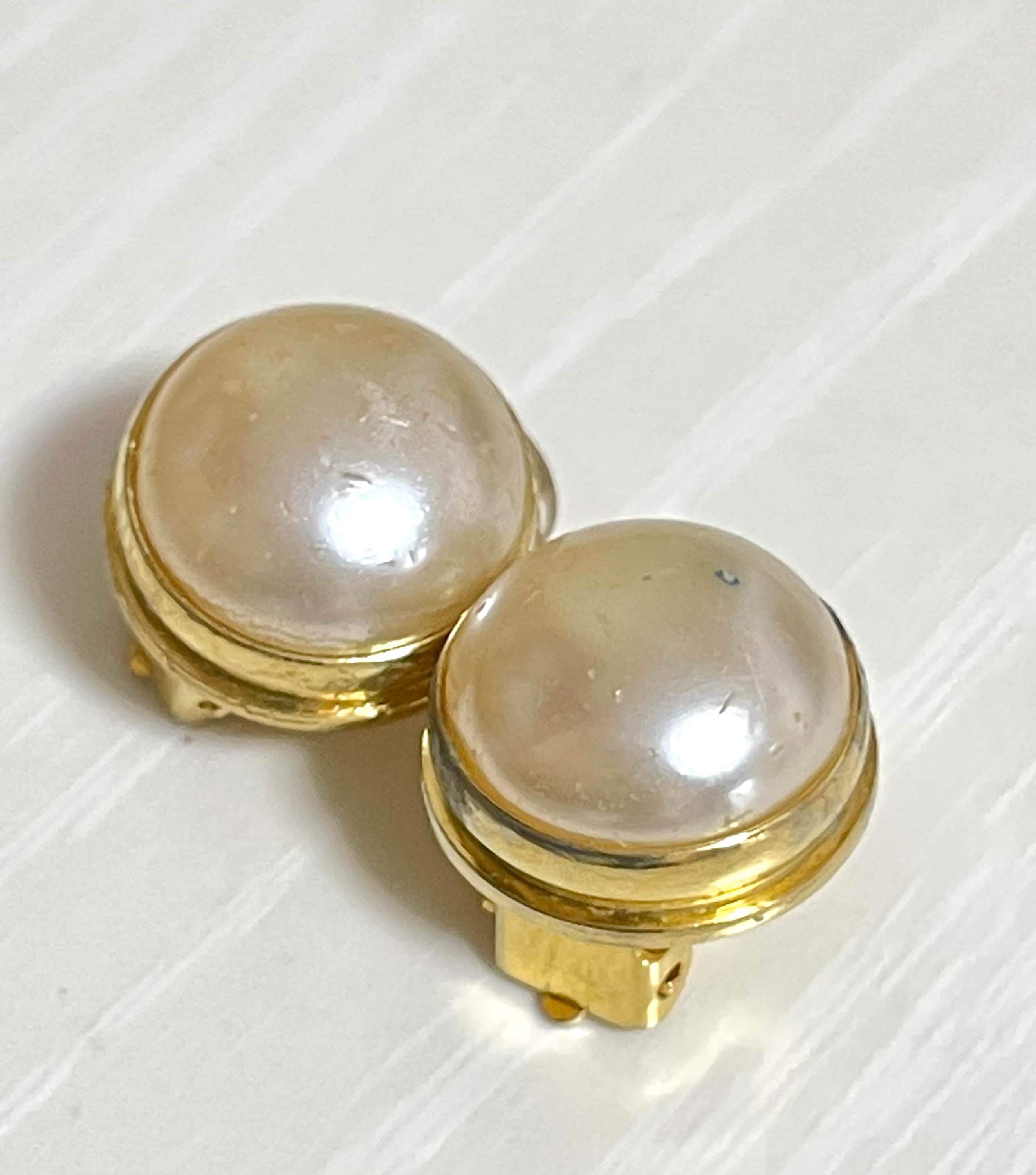 Vintage Celine Small Round Faux Pearl Earrings With Golden