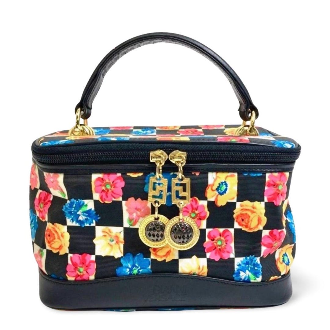 Vintage Gianni Versace Black Leather Vanity Bag With Vibrant Pink
