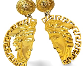 Vintage Gianni Versace golden dangle earrings with extra large medusa in halfmoon design. Lady Gaga style jewelry piece. 070415ac2