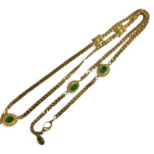 Vintage Celine gold chain necklace with triomphe charms and green stones. Can be bracelet. Beautiful celine statement jewelry. 070315ys2