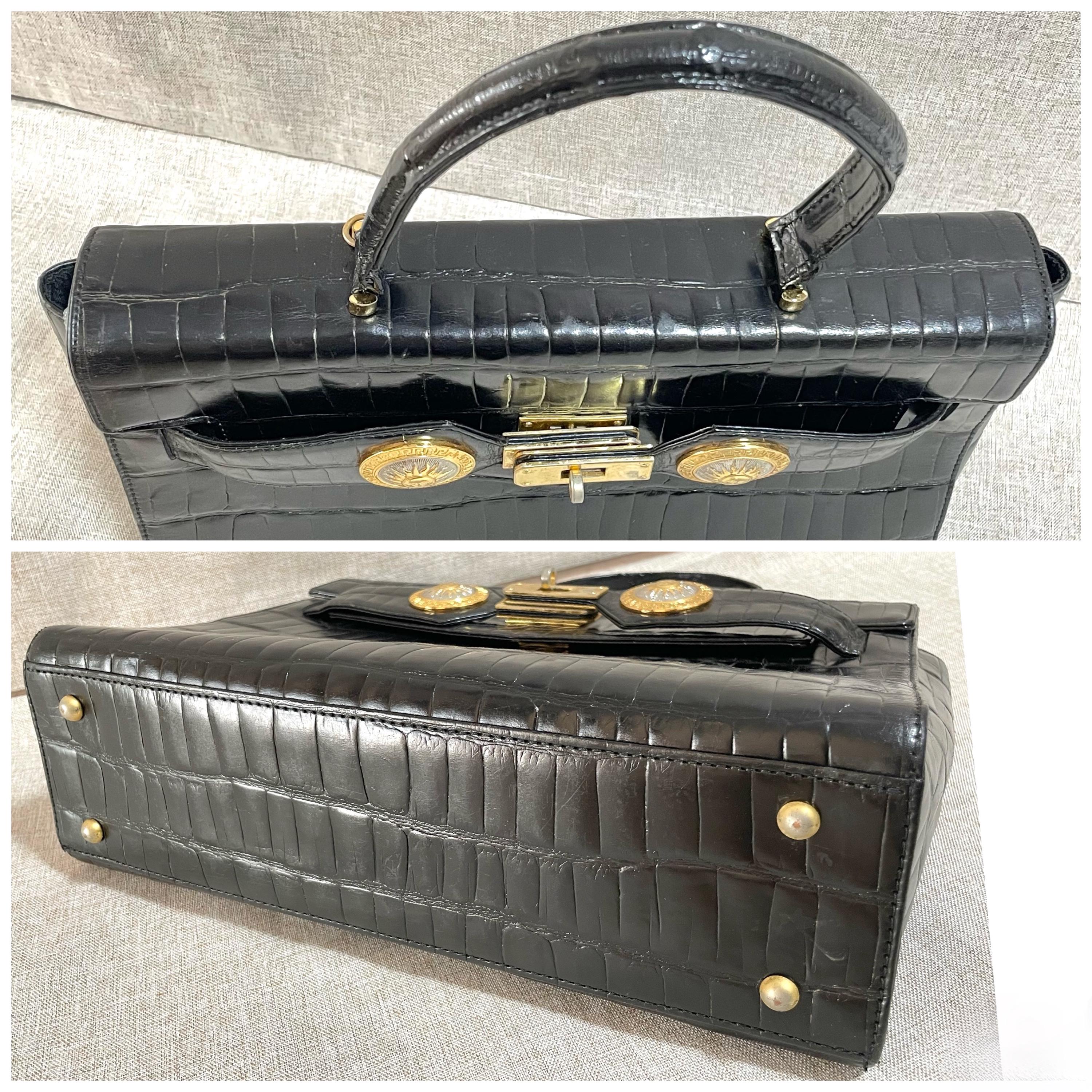 Vintage Gianni Versace Black Croc Embossed Leather Handbag With
