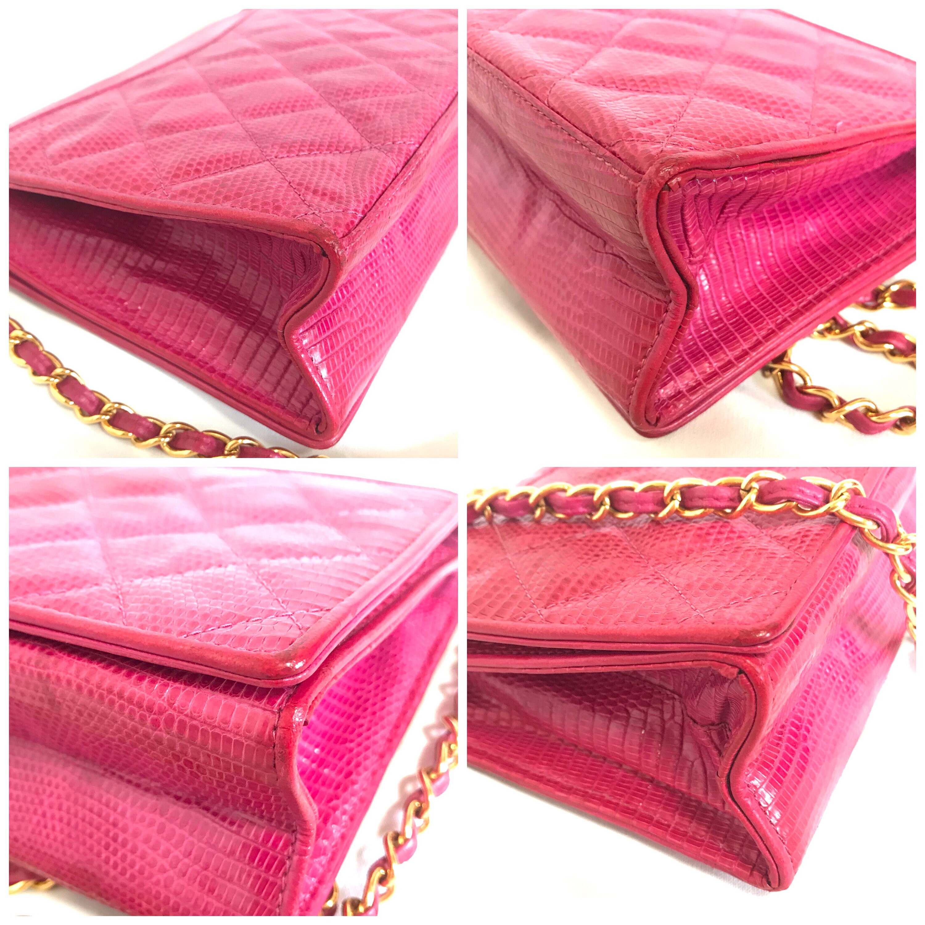 Vintage CHANEL Hot Pink Genuine Lizard Leather Envelop Style 