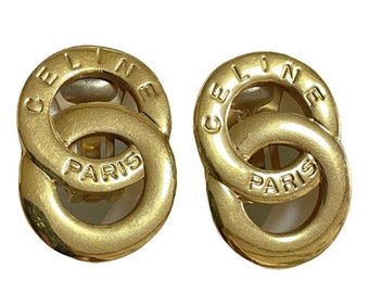 Vintage Celine Gold tone double round motif earrings with embossed logo. Great vintage jewelry gift idea. 060509k2