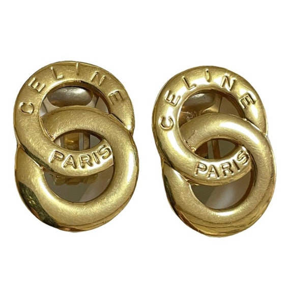 Vintage Celine Gold Tone Double Round Motif Earrings With 