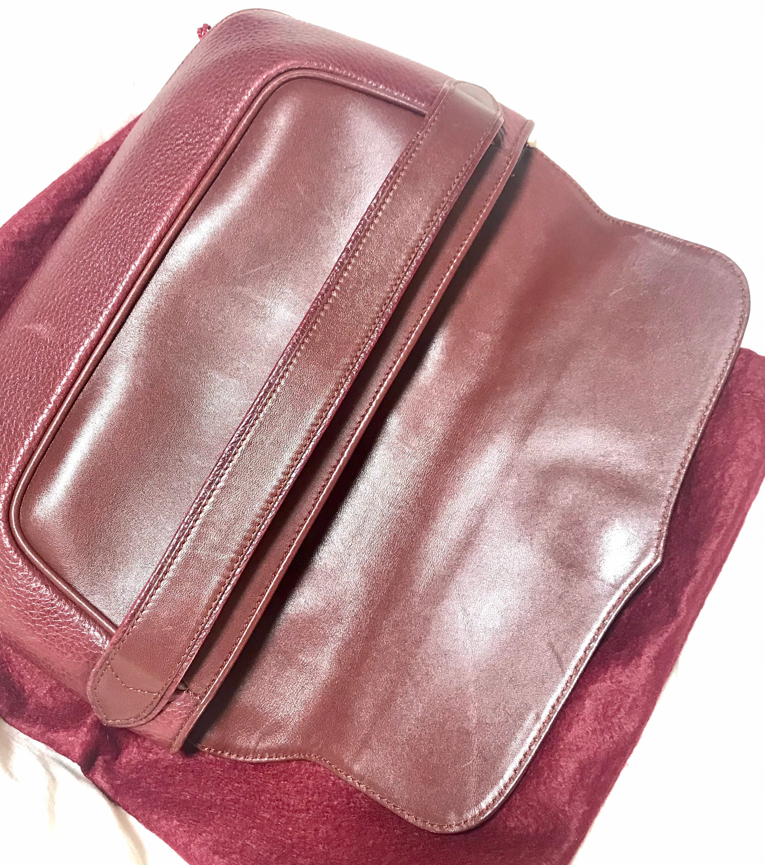 Vintage Cartier Wine Leather Clutch Bag With Gold Tone Logo