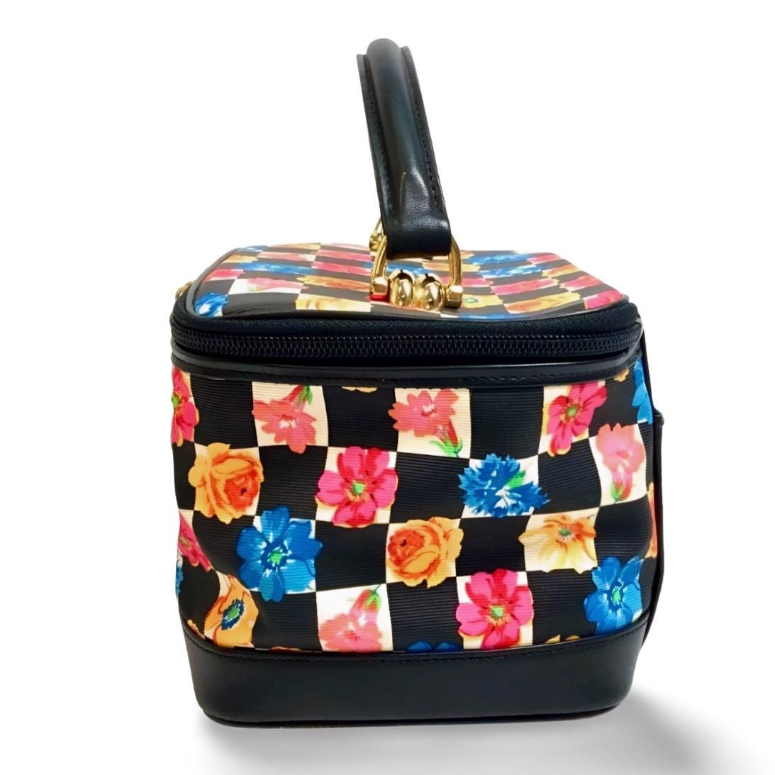 Vintage Gianni Versace Black Leather Vanity Bag With Vibrant Pink