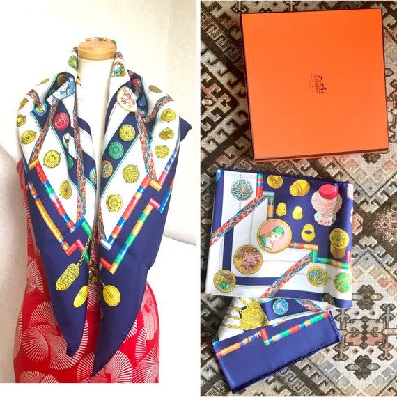 Vintage HERMES Carre Navy Silk Scarf With Yellow, Pink Vintage HERMES Carre Navy Silk Scarf With Yellow, Pink