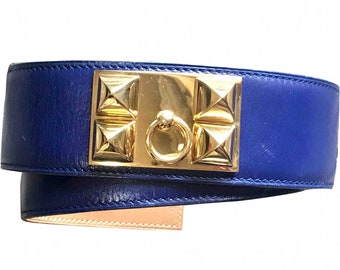 90's Vintage Hermes Collier De Chian Blue Belt, Calfskin Medor