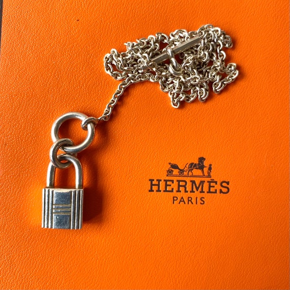 Vintage HERMES Silver Chain Necklace With Padlock Key Charm Vintage HERMES Silver Chain Necklace With Padlock Key Charm