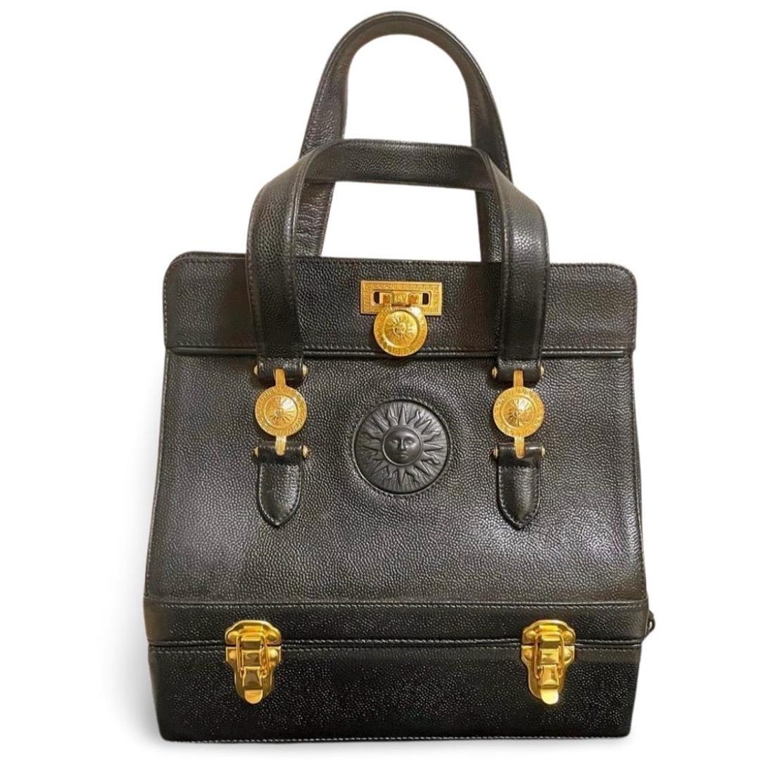 1990s Vintage Gianni Versace Black Leather Doctor's Bag With Built