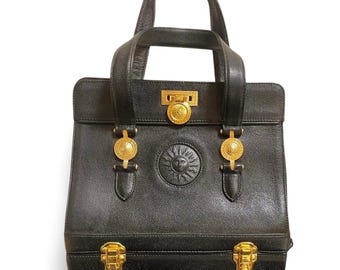 1990s Vintage Gianni Versace Black Leather Doctor’s Bag with Built-In Jewelry Case – Golden Sunburst Motifs. 070325ys