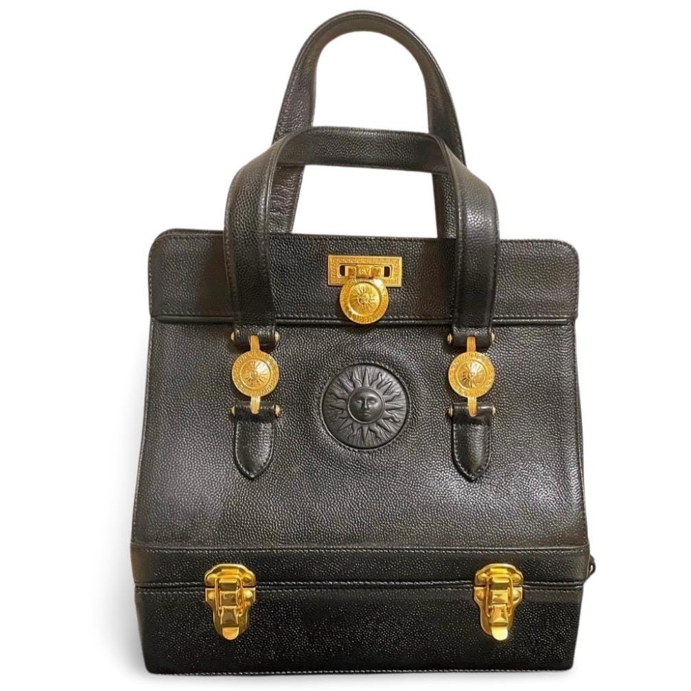 1990s Vintage Gianni Versace Black Leather Doctor's Bag With Built