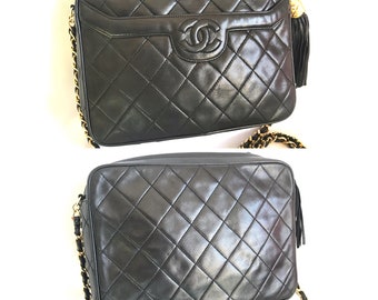 Vintage Chanel Black Lambskin Camera Bag Shoulder Bag With 