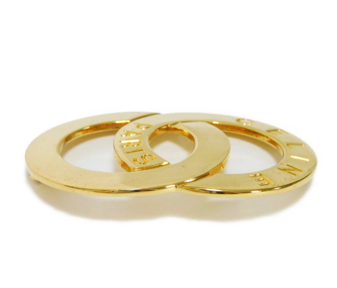 Vintage CELINE Double Circle Gold Tone Brooch With Embossed  display picture 3