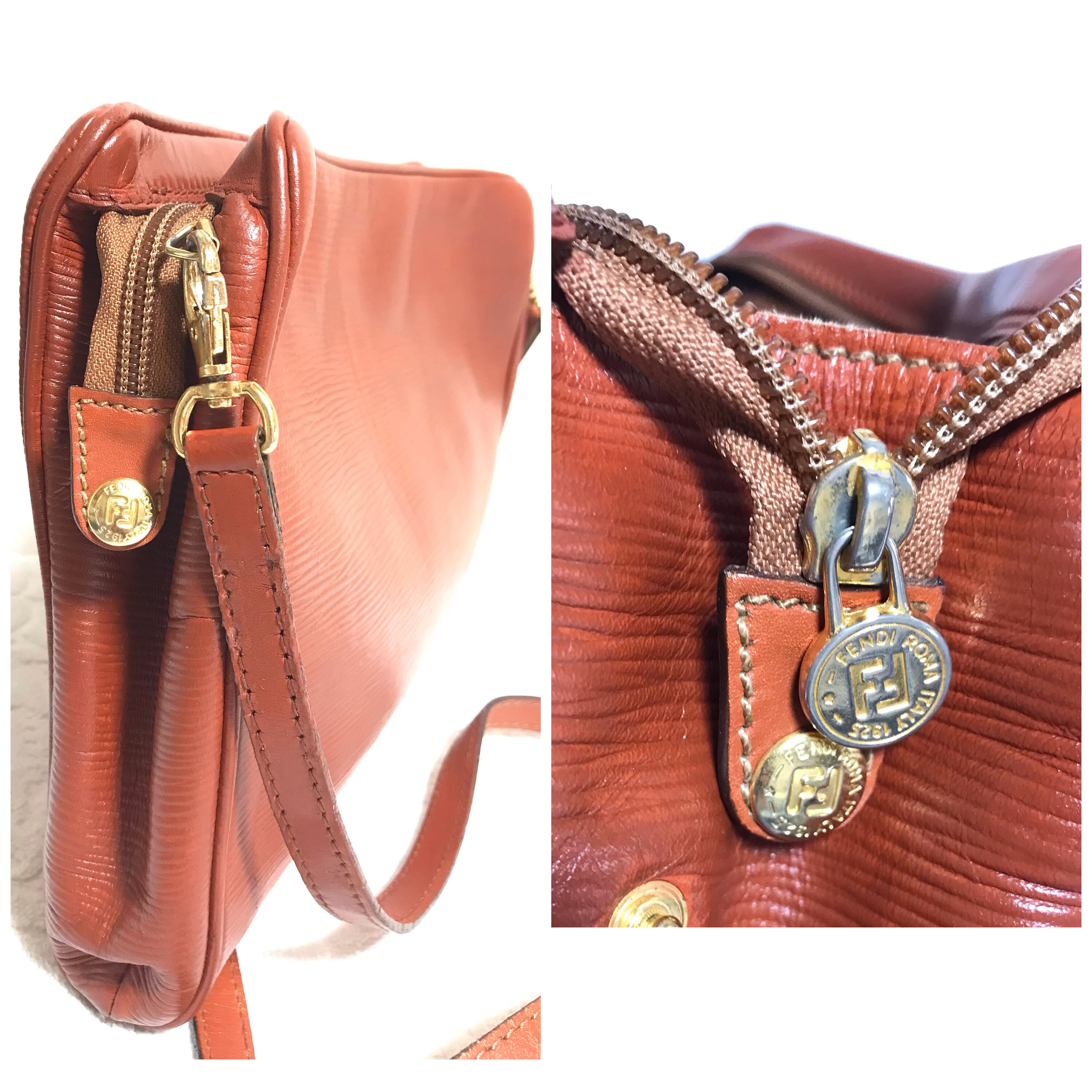 Vintage FENDI Brown Epi Leather Messenger Shoulder Bag With Janus 