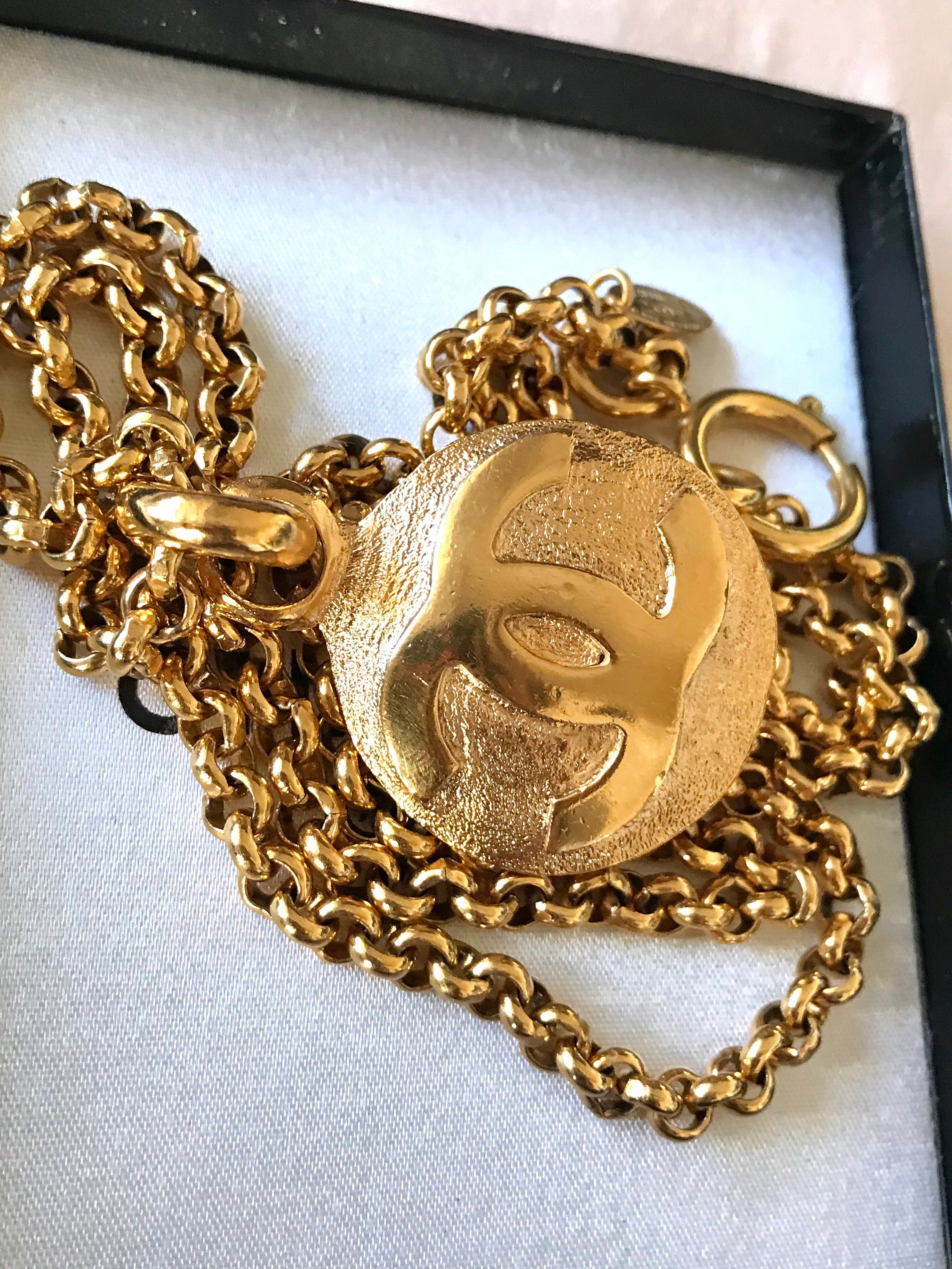 Vintage CHANEL Golden Chain Necklace With Round CC Mark Charm