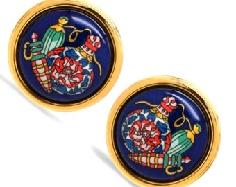 Vintage Hermes cloisonné round golden earrings with colorful perfume bottle design on navy background. 080522k1ys
