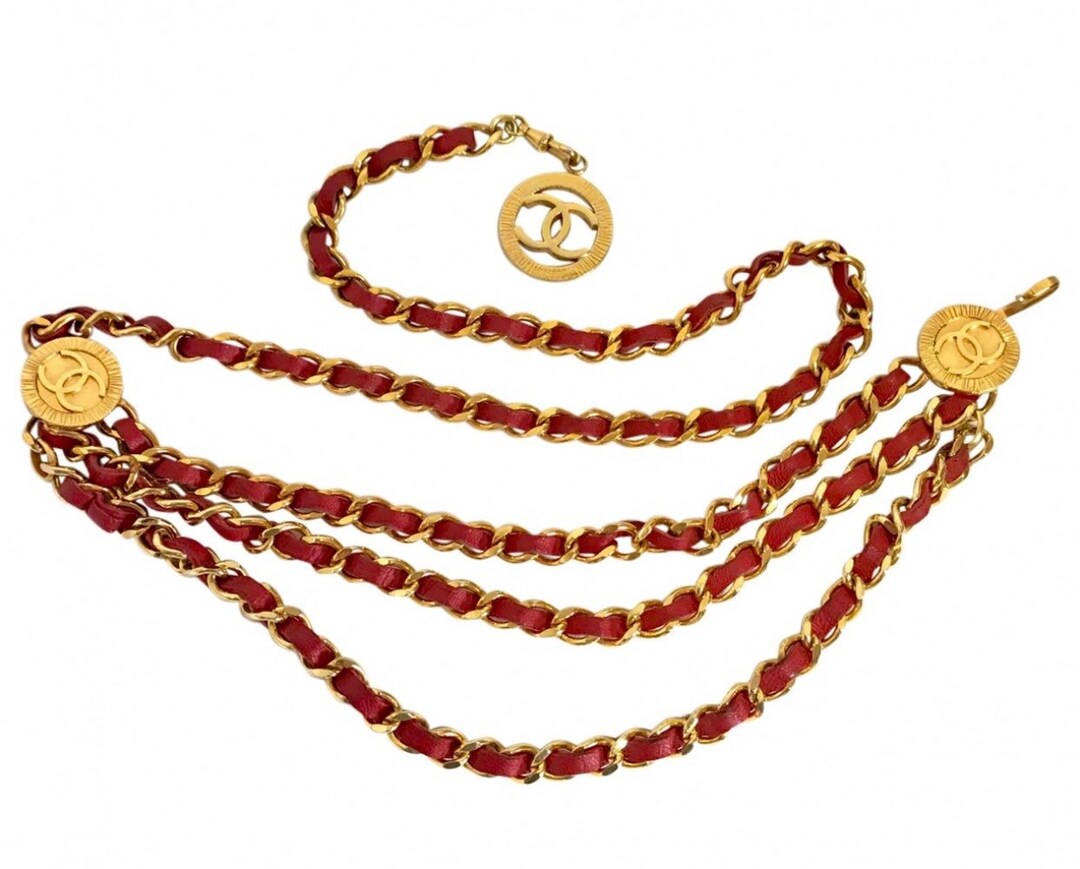 Vintage CHANEL Triple Layer Red Leather Chain Belt With CC Charms