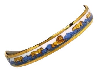 Vintage HERMES Cloisonné Enamel Bangle | Gold & Brown | Rabbit