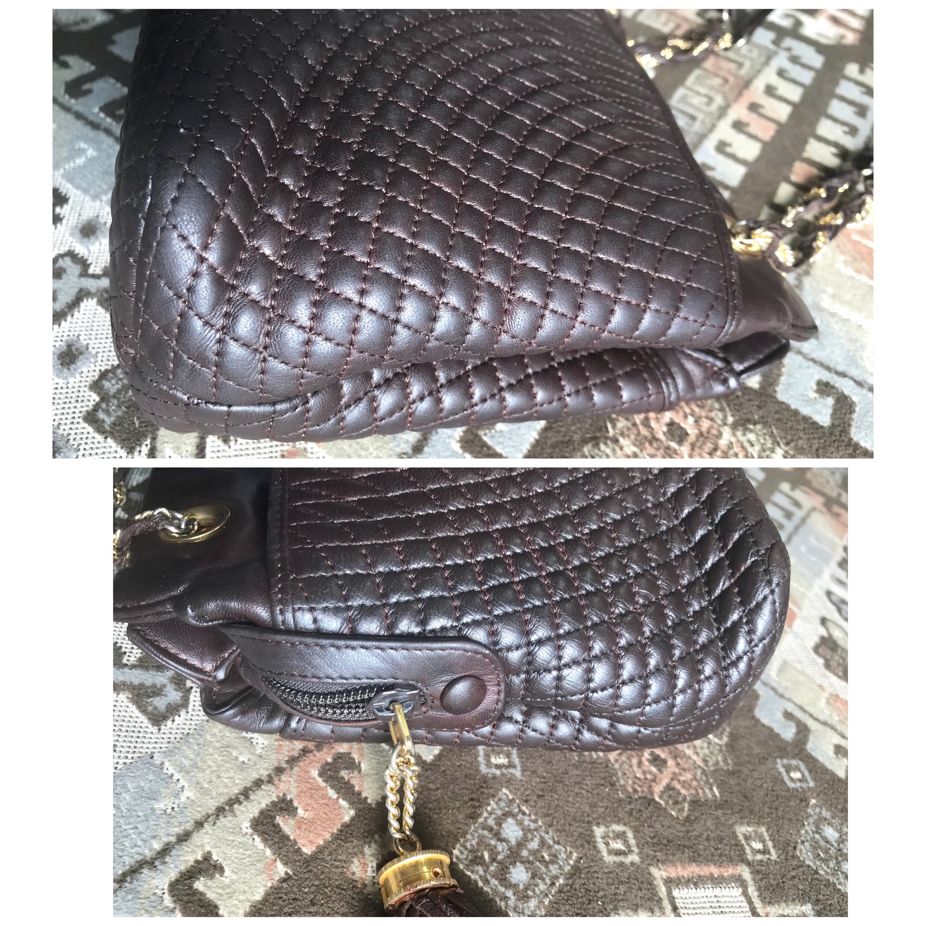 Vintage Bally Quilted Dark Brown Leather Chain Mix Shoulder