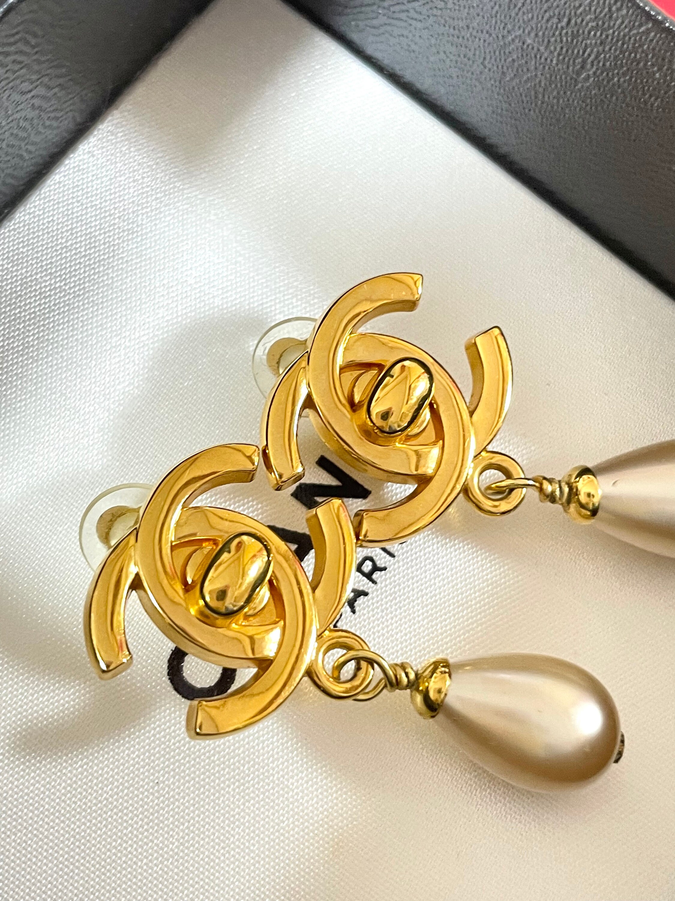 Vintage CHANEL Teardrop Faux Pearl and Turn-lock CC Dangle Vintage CHANEL Teardrop Faux Pearl and Turn-lock CC Dangle