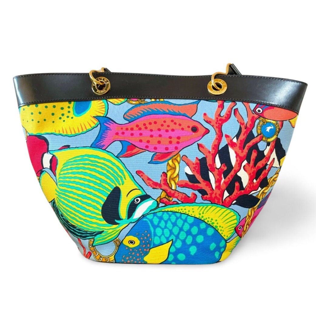 希少✨Vintage Celine Tropical Fish Tote Bag 1990s Vintage CELINE Canvas & Leather Tote Bag With Tropical Fish