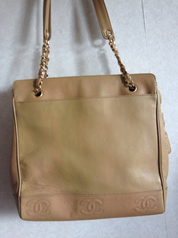 Vintage CHANEL Brown Beige Caviar Leather Chain Tote Bag - Etsy Vintage CHANEL Brown Beige Caviar Leather Chain Tote Bag - Etsy