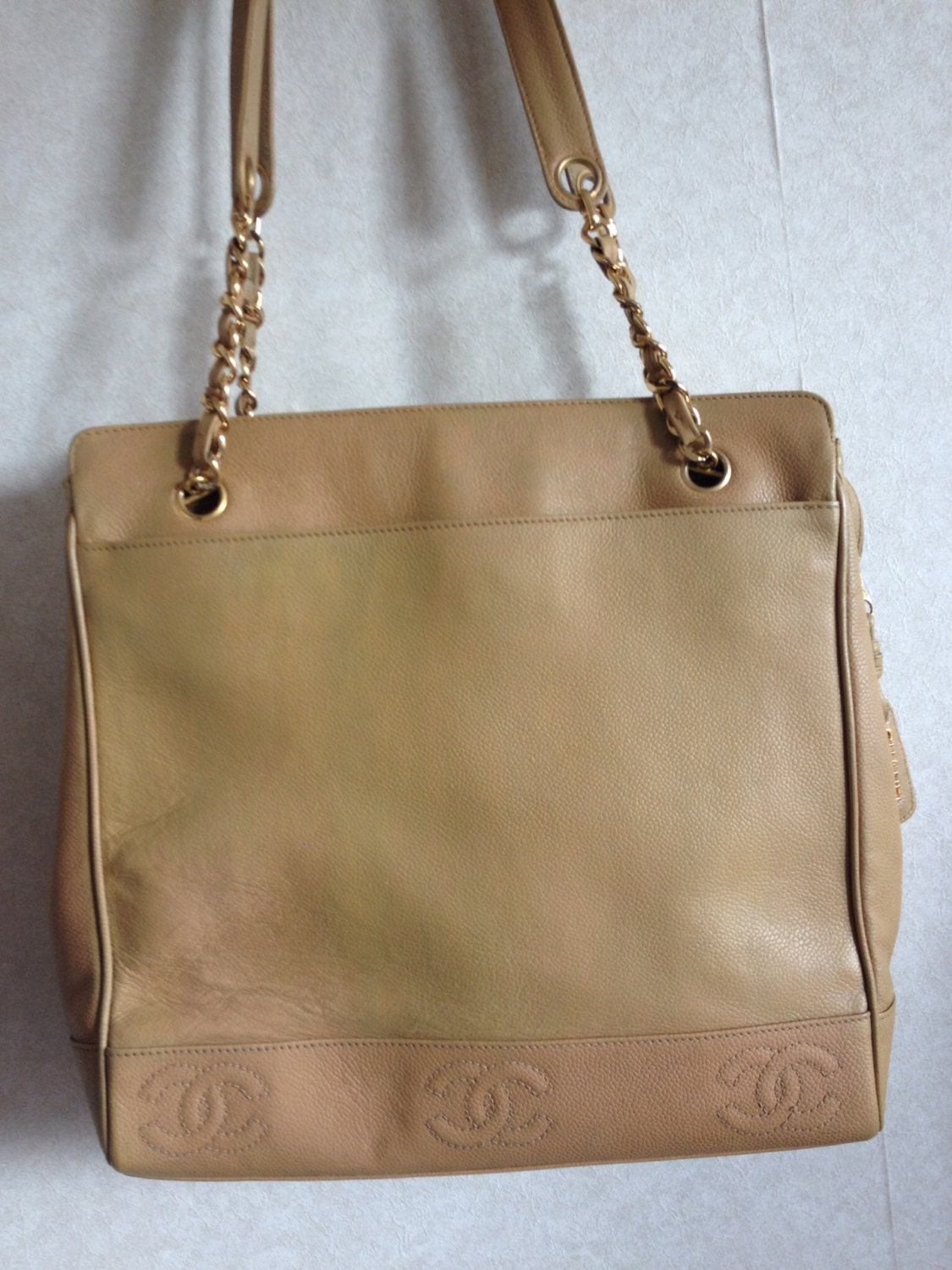 Vintage CHANEL Brown Beige Caviar Leather Chain Tote Bag 