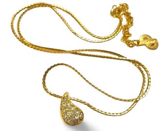 1990s. Vintage Christian Dior golden chain necklace with rhinestone crystal teardrop pendant top. Classic and gorgeous jewelry. 080515ys1