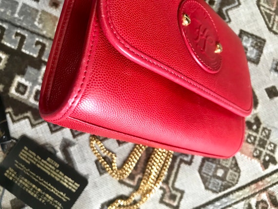 Vintage Karl Lagerfeld Mini Red Clutch Shoulder Bag With Round Logo Motif Rare And Beautiful Purse