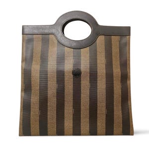 Vintage FENDI classic pecan stripe pattern shopper tote bag with black leather trimming. Daily use handbag for Unisex. 070518y1