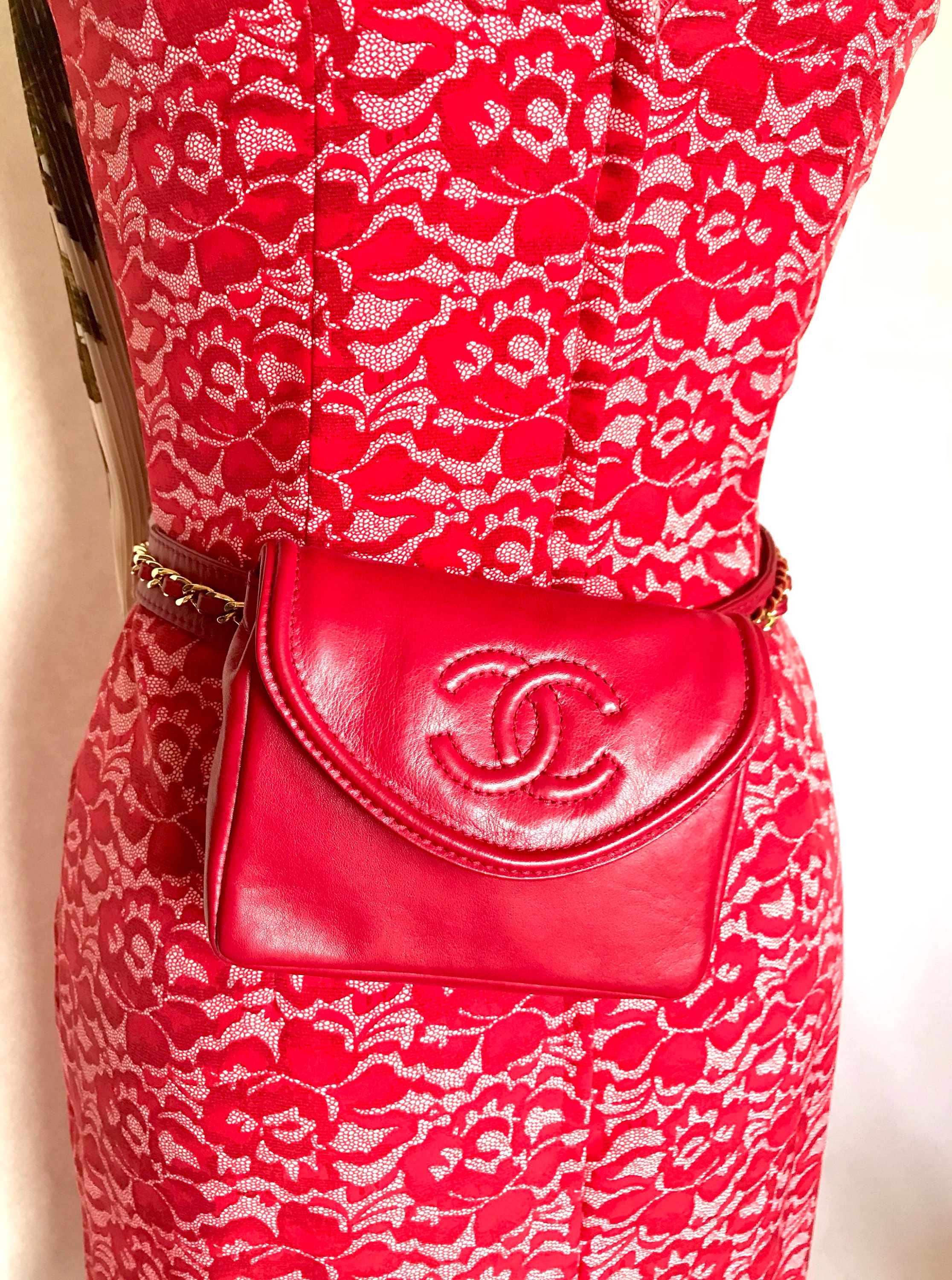Vintage CHANEL Red Fanny Pack Leather Belt Bag With 
