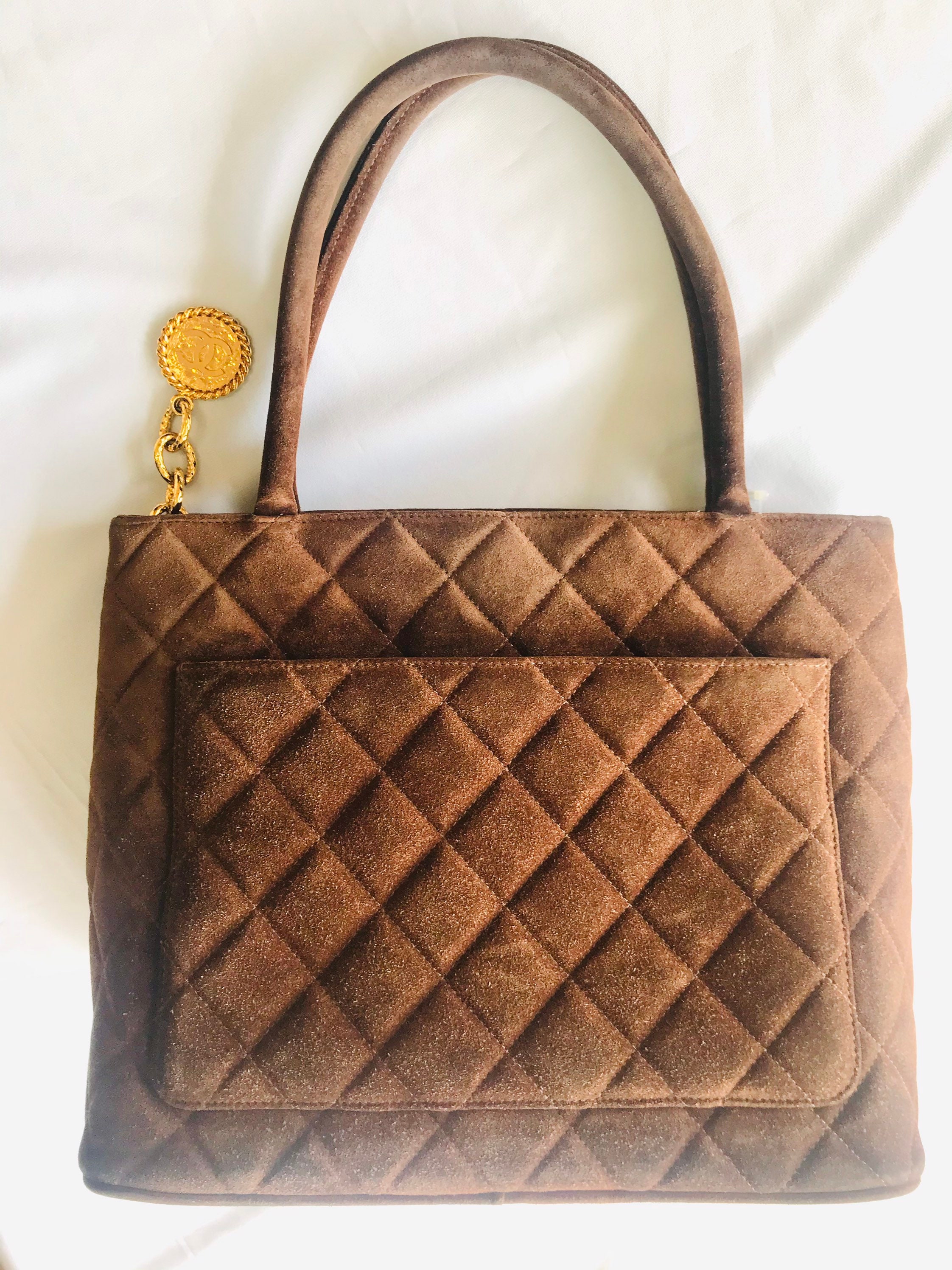 Soldvintage CHANEL Brown Suede Classic Tote Bag With Large CC 