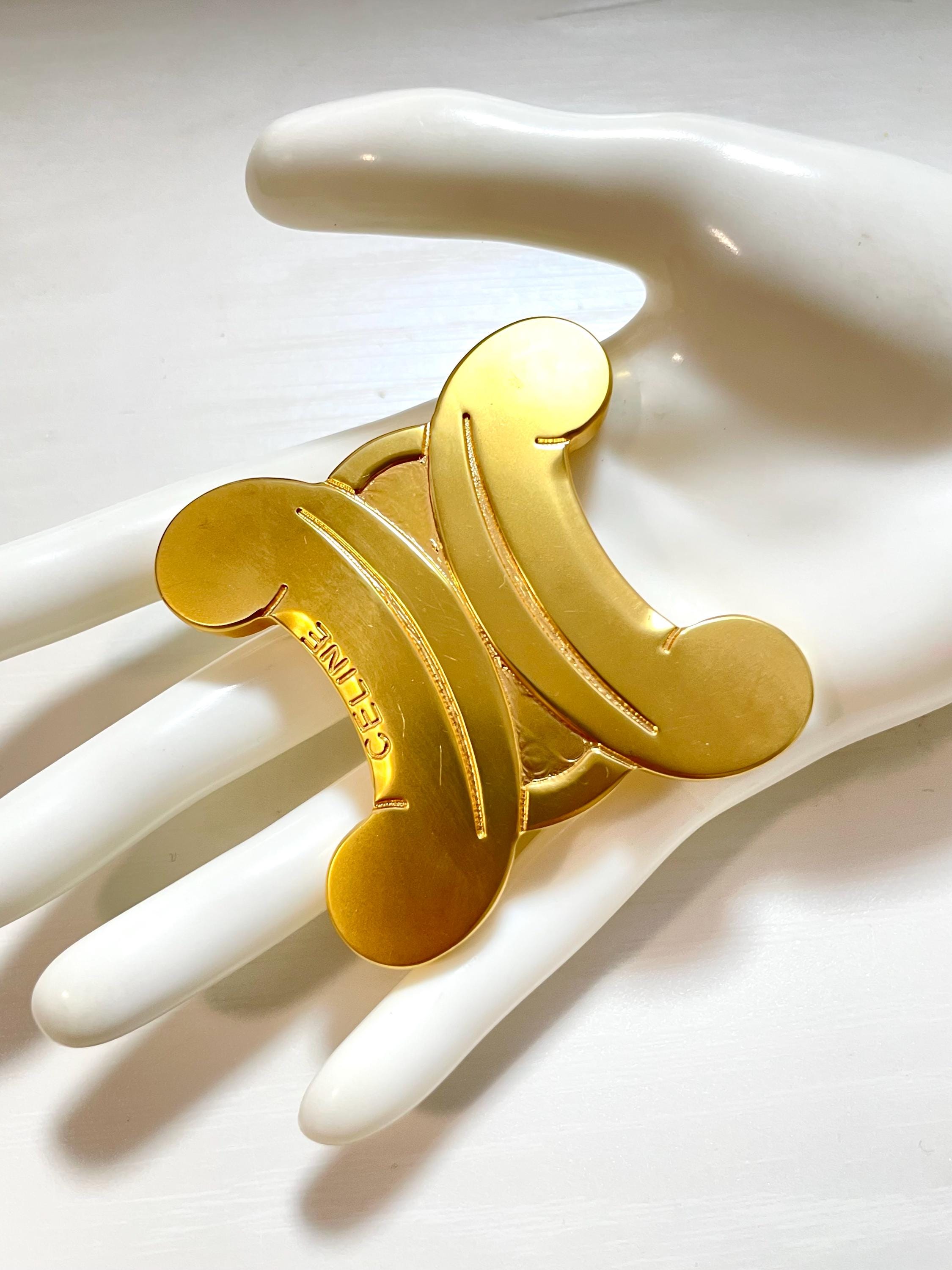 Vintage CELINE Extra Large Gold Tone Triomphe Brooch | Statement
