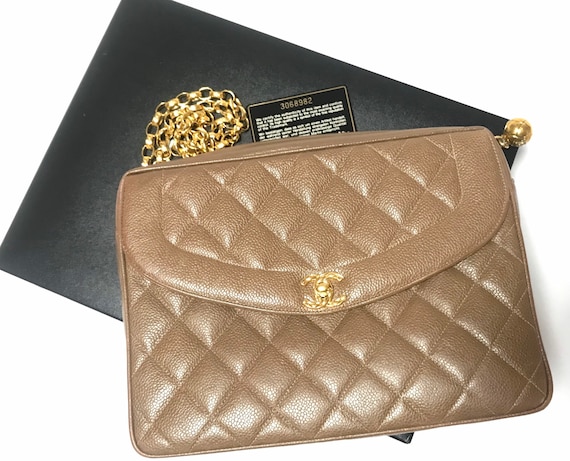 CHANEL CC Logo Quilted Caviar Jumbo Double Flap Bag Brown Gold