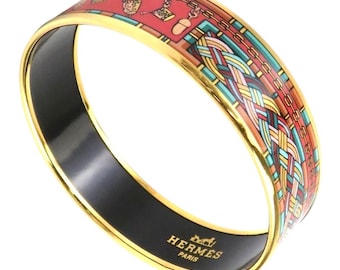 Vintage Hermes golden enamel and cloisonne bangle, bracelet with orange, pink, blue etc. Scissors and woven tape motifs. 080612k2ys