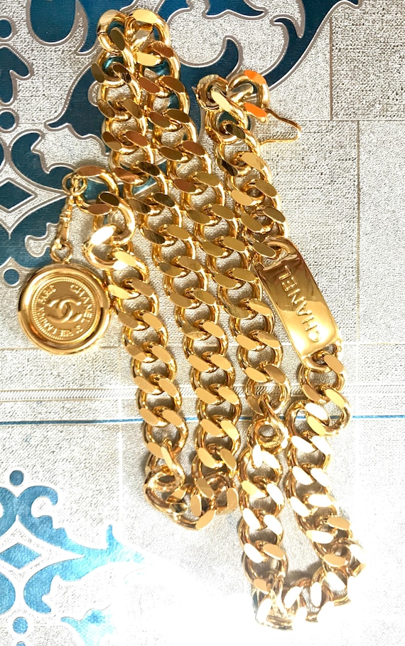 Vintage CHANEL Golden Thick Chain Belt With a CC Charm and 