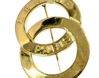 Vintage CELINE Double Circle Gold Tone Brooch With Embossed Logo