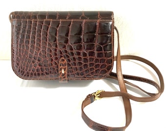 【GUCCI】 HAND BAG グレー Vintage GUCCI Brown Crocodile Leather Shoulder Bag With GG