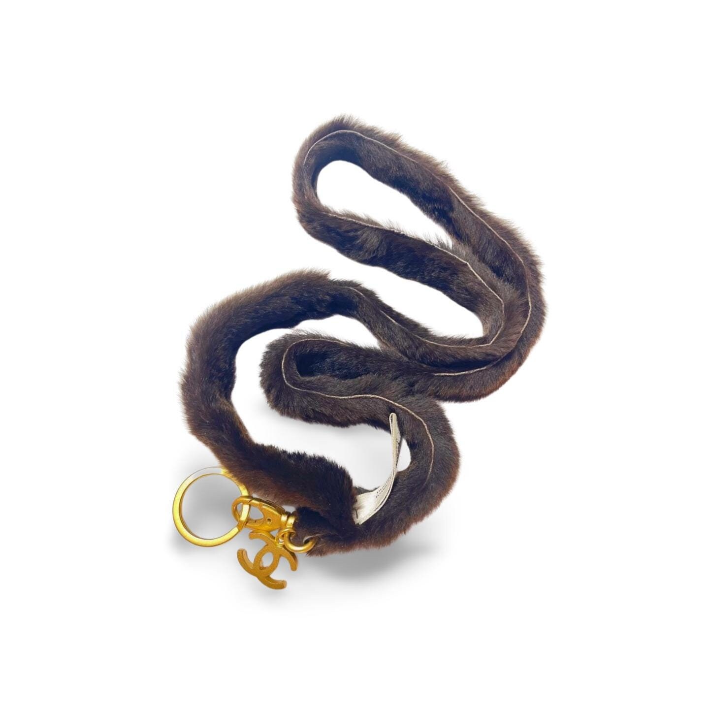 Vintage Chanel Brown Rabbit Fur Key Strap, Keyring With Golden CC