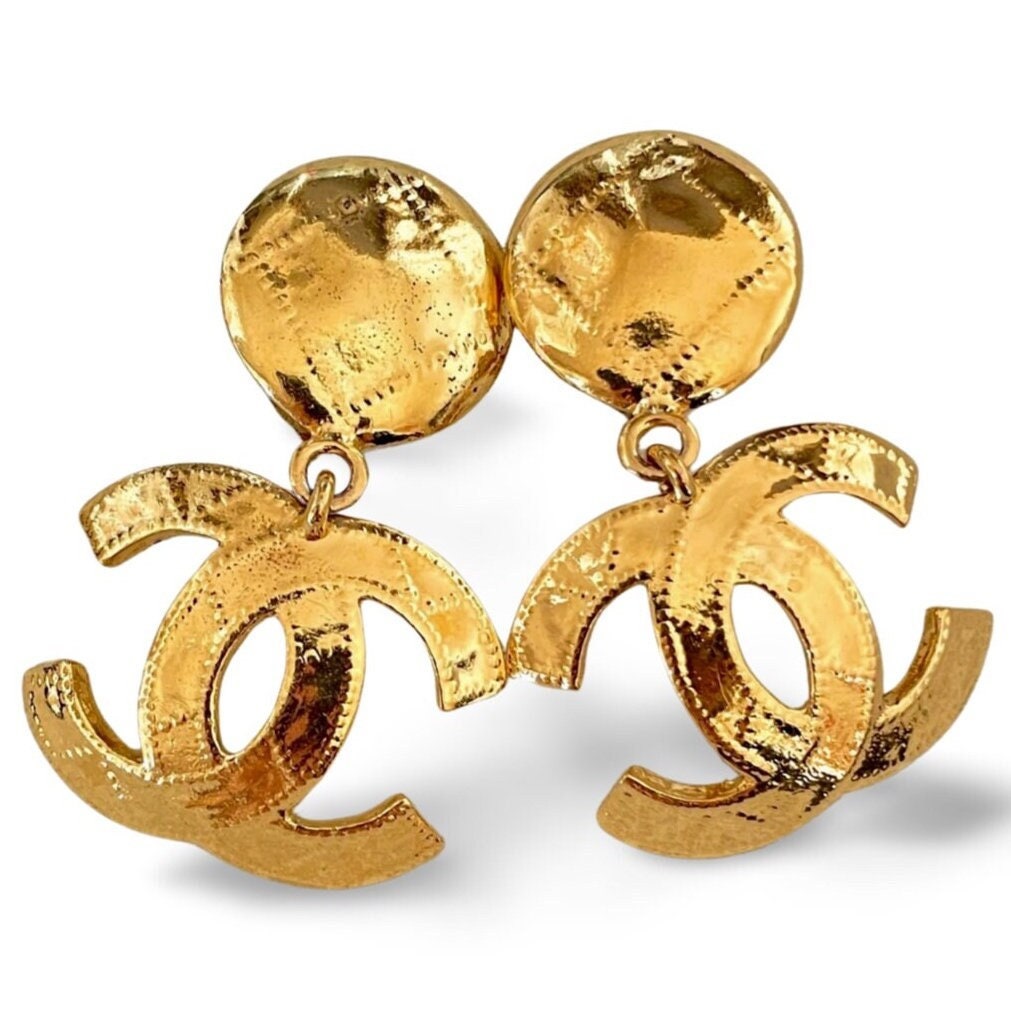 1990s Vintage CHANEL Large CC Dangle Earrings With Quilted Stitch