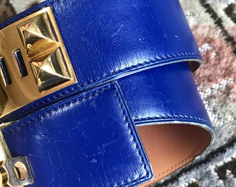 90's Vintage Hermes Collier De Chian Blue Belt, Calfskin Medor