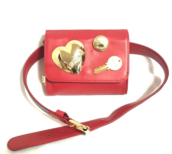So chic and mod. Vintage MOSCHINO brown leather purse can be fanny bag clutch bag with large golden heart and key motifs