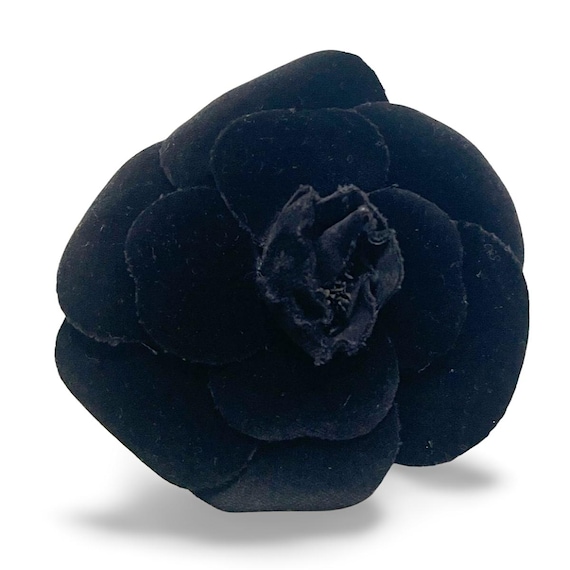 Vintage CHANEL Black Velvet Camellia Brooch. Iconic Flower Pin